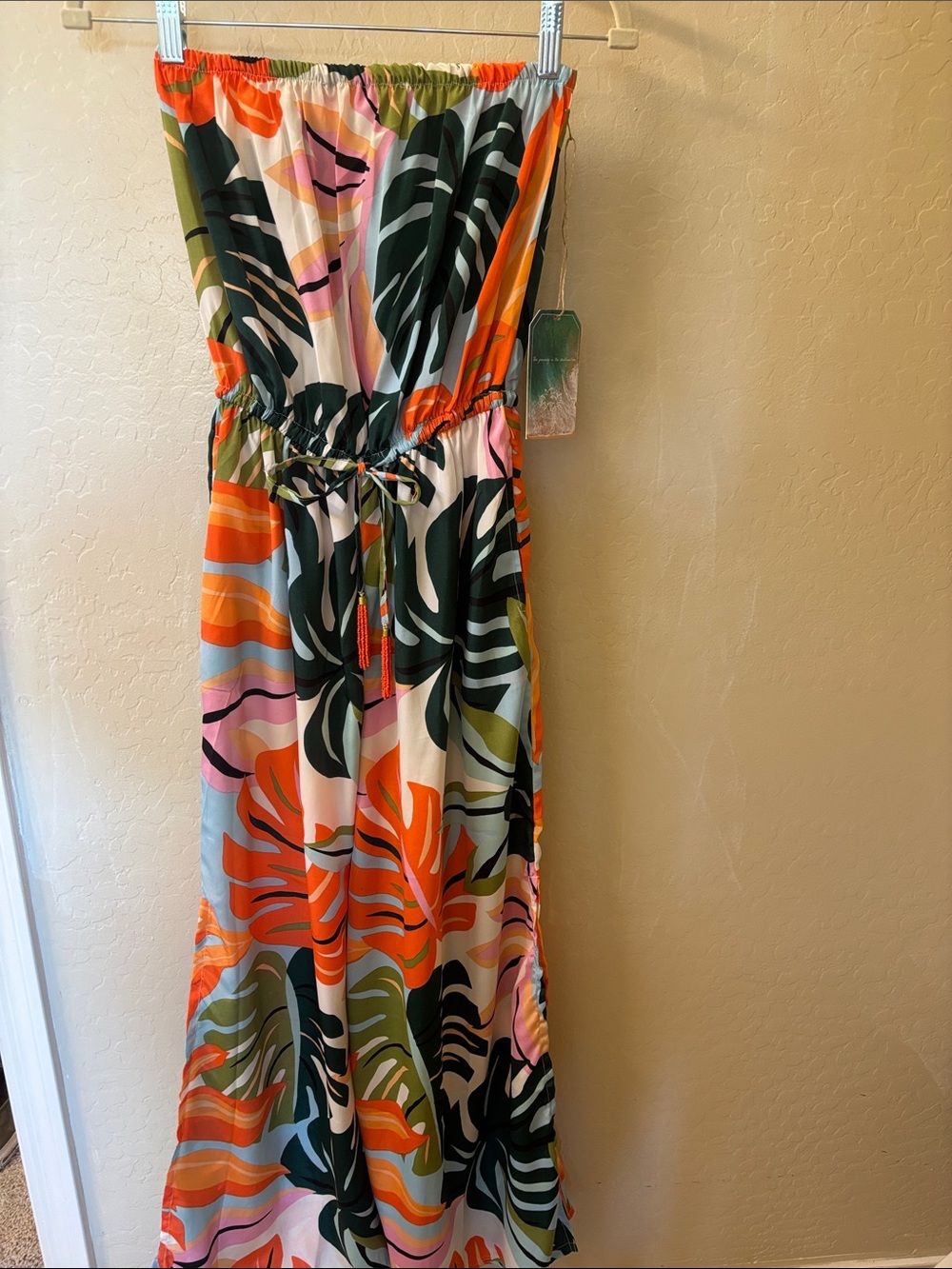 Tropical Leaf Print Strapless Maxi Dress - Multicolor